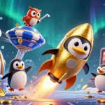 Mainkan slot gacor secara menarik dengan penguin emas meluncur dan simbol permainan yang berkilau.