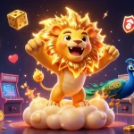 Engage with kk55's vibrant casino-themed illustration featuring a roaring sun lion amidst slot reels and golden elements.
