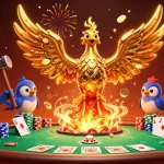 Explora los mejores casinos online con un ilustrativo fénix dorado y elementos de juego de alta calidad.
