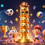 Tài xỉu game action packed illustration featuring a golden totem pole and dynamic sports elements