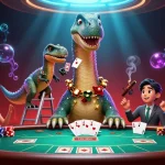Experience intense poker action with KP88, featuring unique characters and vibrant casino elements in a dynamic scene.