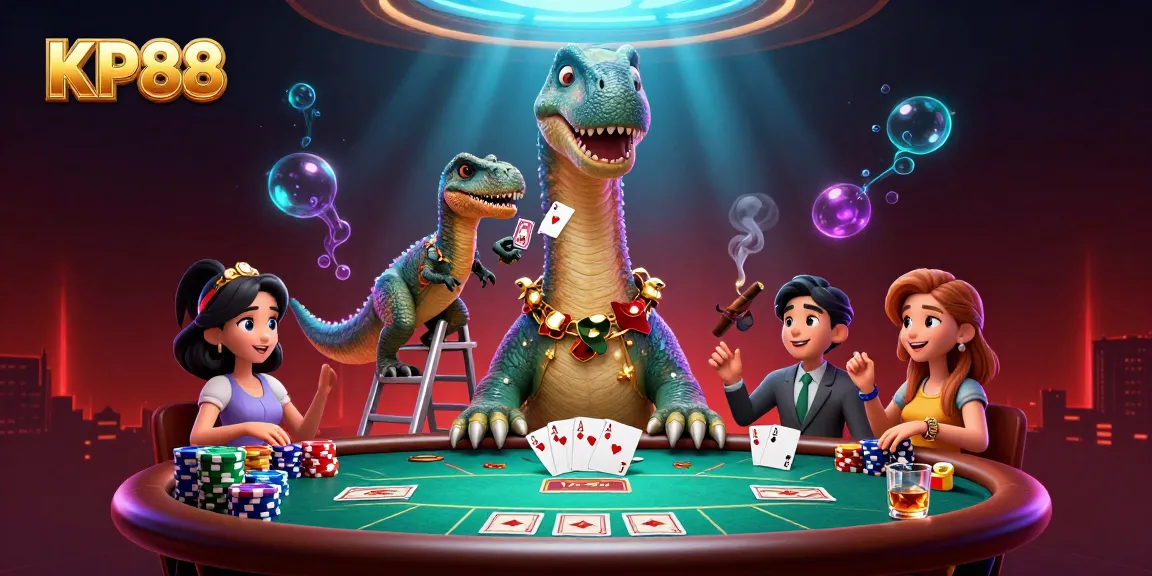 Experience intense poker action with KP88, featuring unique characters and vibrant casino elements in a dynamic scene.