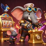 Experience thrilling gameplay at sc88 with a dynamic scene of a steampunk elephant operating a lively slot machine.
