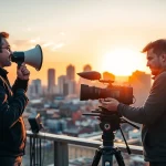 Highlighting edmonton production companies with a team setting up a film shoot against the city skyline.