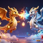 Visualisez des dragons 3D représentant un casino en ligne fiable avec des pièces d'or et des jeux de cartes