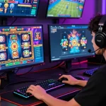 Exciting slot deposit 5000 gaming scene with player engaged at modern setup featuring vibrant graphics.