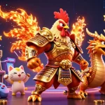 Play with excitement at Jai club featuring a vibrant 3D rooster and dragon scene with casino games.