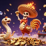Win big at mahjongapk with an engaging illustration of casino characters celebrating amidst vibrant slot machine elements.