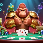 Illustration dynamique représentant un site de poker en ligne avec un roi gorille en armure et des éléments de poker.