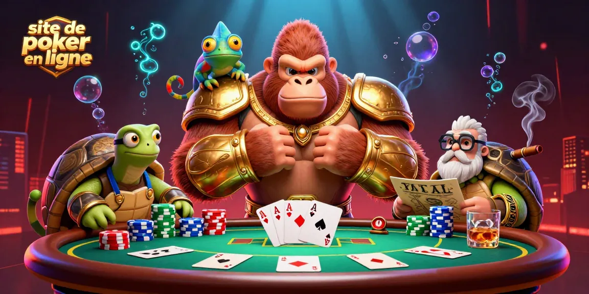 Illustration dynamique représentant un site de poker en ligne avec un roi gorille en armure et des éléments de poker.