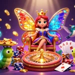 オンラインカジノで楽しむカラフルなキャラクターと華やかなゲーム要素のイラスト