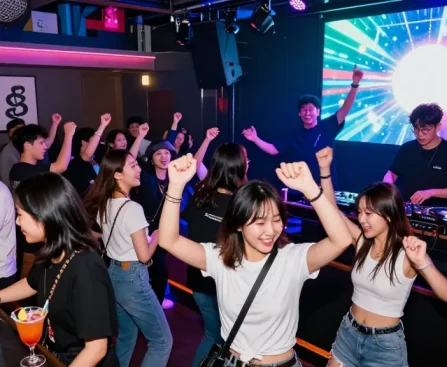Youthful party-goers enjoying 상봉동 한국관나이트 in a vibrant nightclub atmosphere filled with colorful lights and music.