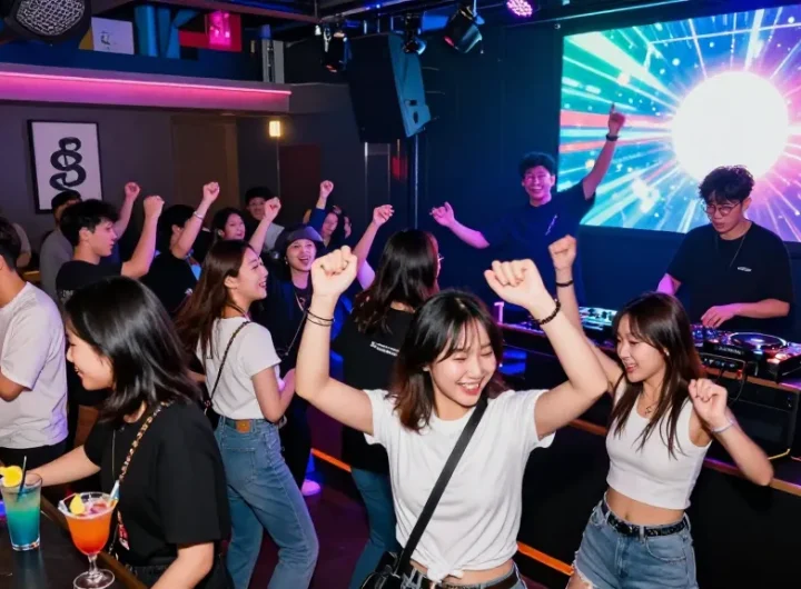 Youthful party-goers enjoying 상봉동 한국관나이트 in a vibrant nightclub atmosphere filled with colorful lights and music.
