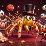 Venez jouer au casino en ligne : illustration d'une tarentule dorée et d'un scarabée avec des éléments de jeu.