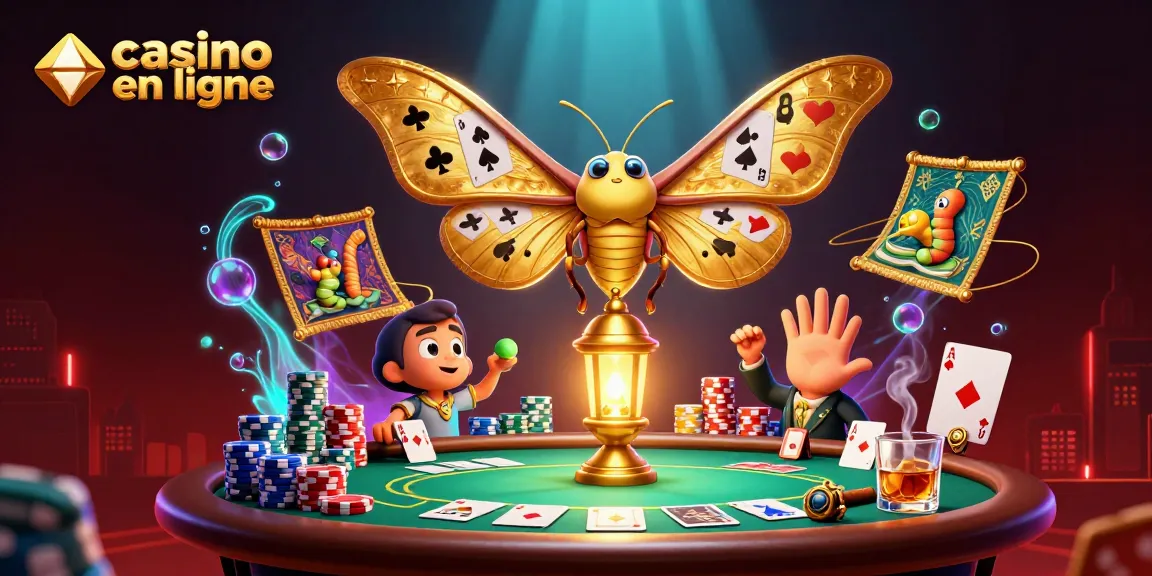 Jeu captivant de casino en ligne avec une scène dynamique de papillon et éléments de poker.