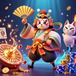 Spin and win at tải sun win with a captivating 3D casino illustration featuring kabuki characters amidst golden coins and roulette wheels.