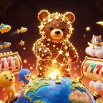 Tai go88 shines with vibrant casino elements and a magical bear scooping coins in this enchanting illustration.