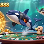 Baccarat888 players enjoy a lively scene with an orca, stingray, and otters, surrounded by baccarat tables and gold treasures.