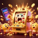 Slot machine dorata che vince nel casino non AAMS con monete che escono e altri personaggi festosi