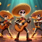 Memainkan QQWIN4D, tiga karakter mariachi tengkorak terlihat dikelilingi koin emas dalam permainan yang meriah.