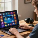 Player enjoying a vibrant credit card casino experience at home via https://brcs.co.uk, showcasing excitement with colorful slot games.