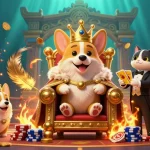 Jouez dans un casino en ligne avec des personnages animés entourés de jeux d'argent et de jetons en or.