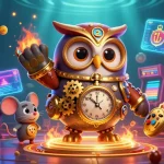 Slot gacor dengan karakter burung hantu penjelajah dan mouse di kasino vintage, dikelilingi mesin arcade 3D yang berwarna-warni.