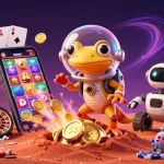 Scopri i nuovi casino online con un gecko marziano e un robot in un'illustrazione di casinò futuristica.