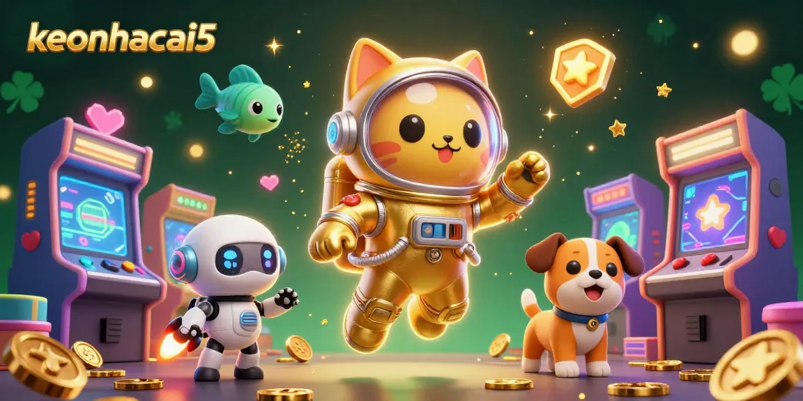 Engage with keonhacai5 for thrilling sports betting visuals, featuring adorable characters and dynamic arcade elements.