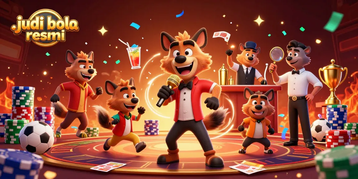 Join the excitement at judi bola resmi, featuring a lively hyena comedian entertaining sports bettors in a bustling arena.