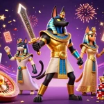 Spin the reels with slot777, featuring Anubis and Bastet amidst celebratory gold coins and vibrant casino elements.