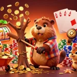 Spin the slots with the lucky beaver collecting golden coins in this vibrant casino scene.