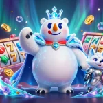 Experience thrills at sunwinx with a dynamic illustration of slot reels, coins, and poker chips swirling around engaging characters.