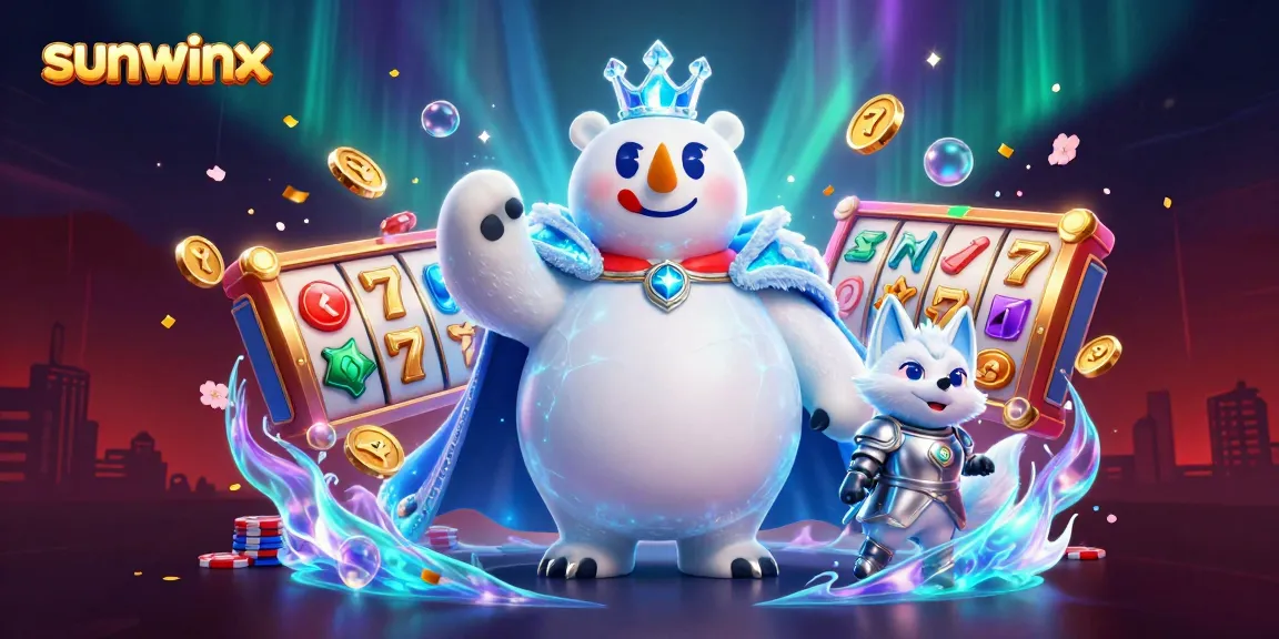 Experience thrills at sunwinx with a dynamic illustration of slot reels, coins, and poker chips swirling around engaging characters.