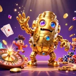 Play iwin and win big with colorful slots, golden coins, and exciting casino elements in this vibrant illustration.