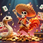 I migliori casinò online presentano un'illustrazione animata con un gallo mariachi danzante, simboli della fortuna e un'atmosfera vivace.