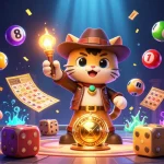 オンラインポーカーの特典を発見するキャットキャラクターのイラスト
