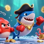 Une illustration animée de casino en ligne montrant un requin pirate et une pieuvre, entourés de pièces cryptographiques.