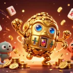 Découvrez l'univers du casino en ligne avec un golem d'or majestueux et des éléments festifs entourants.