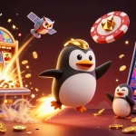 Experience judi bola with a golden penguin rocket racing towards a casino space station.