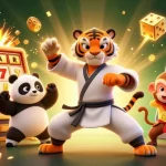 Menangkan pragmatic slot dengan simbol buah dan jackpot, meriah dengan koin emas dan karakter lucu.