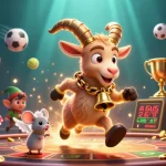 Betting on แทงบอล with animated casino characters among vibrant sports elements and dynamic motion effects.