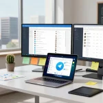 Developing the Telegram app interface at a modern workspace showcasing instant messaging features, emphasizing telegram官网 usage and user interaction data.
