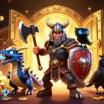 Ilustra los mejores casinos online con guerreros y tesoros en un entorno vibrante y colorido.