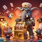 Jouer au casino en ligne avec un éléphant steampunk et une machine à sous dorée, découvrant des trésors