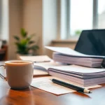 Engaging workspace for Proposal Writing and Management featuring a laptop, documents, and coffee.