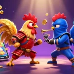 Participez à un casino en ligne animé avec des rouleaux de machines à sous et des coqs en combat.