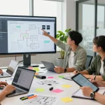 Dynamic collaborative workspace with developers brainstorming about telegram官网 features and UI design, showcasing tech innovation.