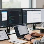 Efficient workspace with developer using snipaste下载 and displaying coding interface on dual monitors