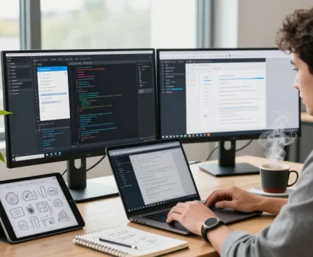 Efficient workspace with developer using snipaste下载 and displaying coding interface on dual monitors